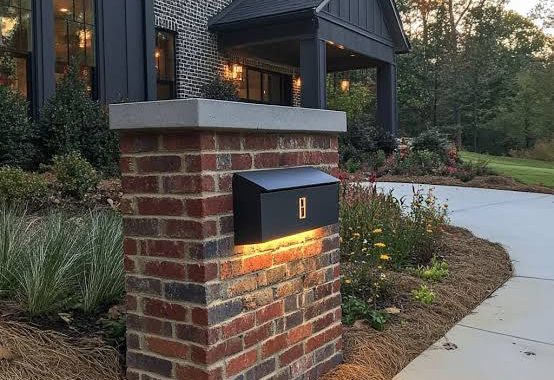 A modern brick mailbox pillar with integrated low-voltage accent lighting.. Source: Fancy House Design