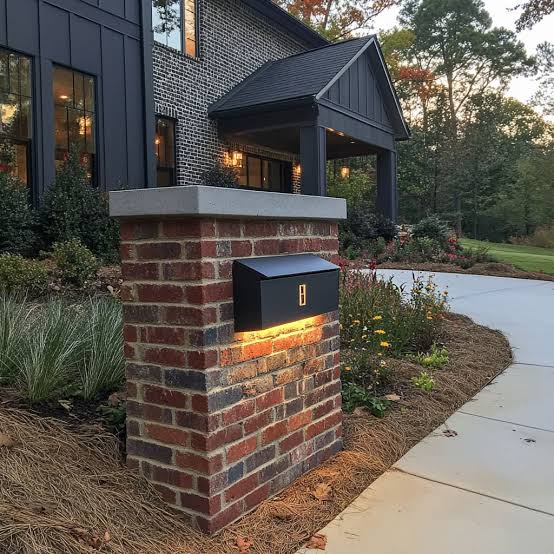 A modern brick mailbox pillar with integrated low-voltage accent lighting.. Source: Fancy House Design